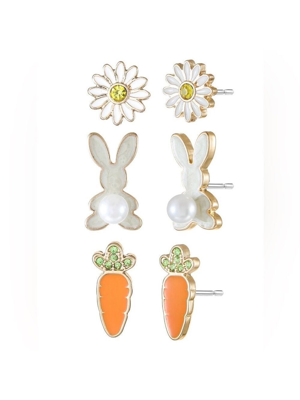 Way to Celebrate Goldtone Bunny Carrot Daisy Stud Earrings Set
